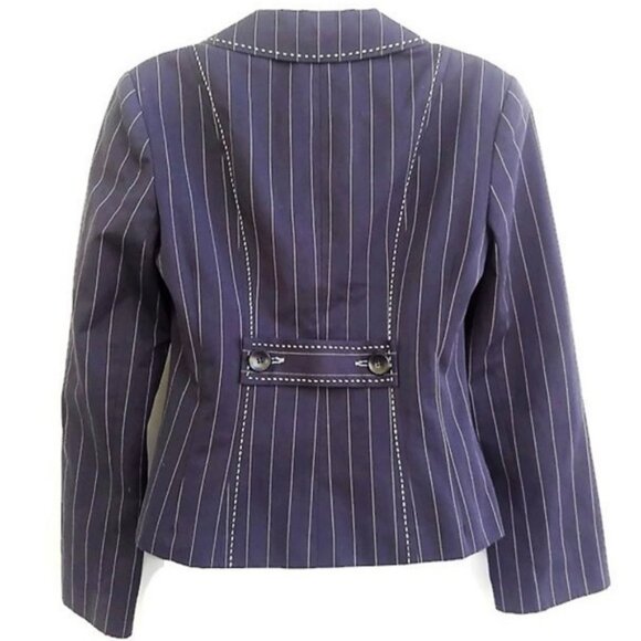 Nanette Lepore Blue Cotton Blazer Coat Pin Stripe Fitted White Top Stitching USA - Picture 2 of 7